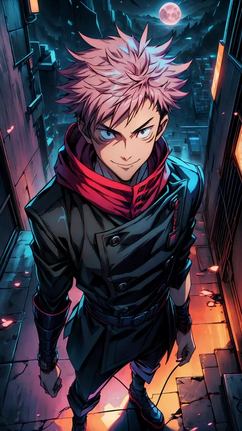 1boy, full body shot, 173 cm, itadori yuuji, black outfit, pink hair, look at sky, smile, red and dark moon city night backgroun...