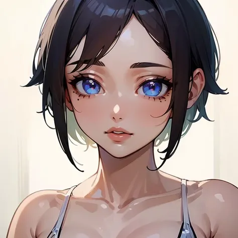 ((highest quality, 16k, masterpiece: 1.3)), (beauty, big: 1.2, thin abs: 1.2), (super detailed face, highly detailed lips, fine eyes, double eyelid), (White see-through bikini), 1 female, Short Bob Woman, 1 mole on the right chest