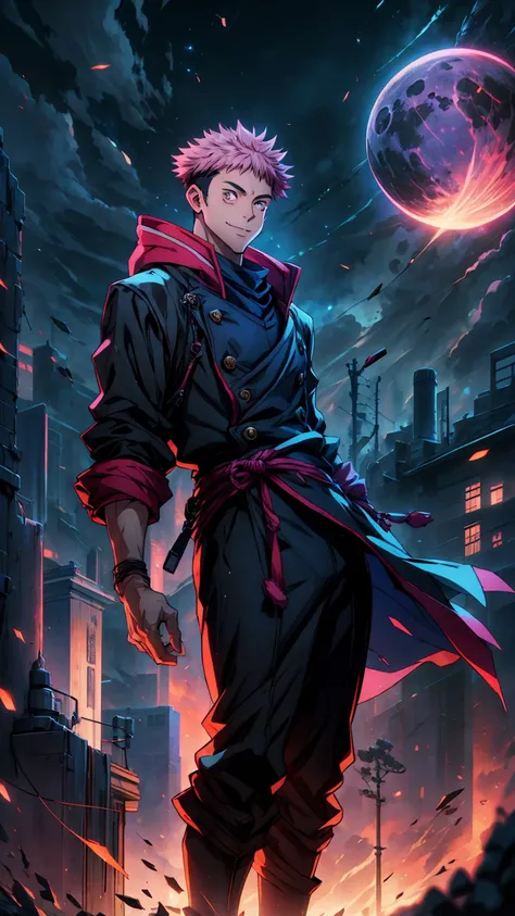 1boy, full body shot, 173 cm, itadori yuuji, black outfit, pink hair, look at sky, smile, red and dark moon city night background, wallpaper, cinematic,High resolution 8K, Bright light illumination, lens flare, sharpness, masterpiece, top-quality, The ultr...