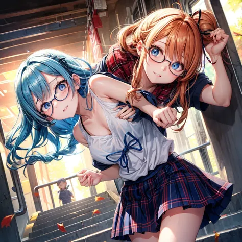 blue hair、Red-blonde、blue eyes、Braid、one good looking girl、solo、anime、Plaid miniskirt、camisole、black t-shirt、Tilting your face、Doing the ribbon、Ribbon at waist、sunset sky、stone stairs、petal、tunnel、Fallen leaves、wearing glasses、、Trying to get on the train、B...