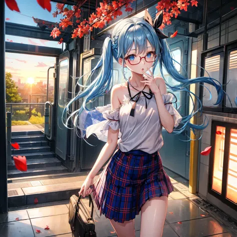 blue hair、Red-blonde、blue eyes、Braid、one good looking girl、solo、anime、Plaid miniskirt、camisole、black t-shirt、Tilting your face、Doing the ribbon、Ribbon at waist、sunset sky、stone stairs、petal、tunnel、Fallen leaves、wearing glasses、、Trying to get on the train、B...