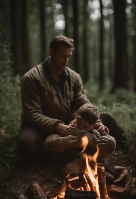 ((Best quality)), ((masterpiece)), (detailed), perfect persons, Maximum realism, photo, hd, 4k, real life, dad, son,  sitting by the fire, hike, camp, camp fire, tent, the forest, Meadow,