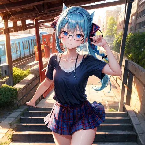 blue hair、Red-blonde、blue eyes、Braid、one good looking girl、solo、anime、Plaid miniskirt、camisole、black t-shirt、Tilting your face、Doing the ribbon、Ribbon at waist、sunset sky、stone stairs、petal、tunnel、Fallen leaves、wearing glasses、、Trying to get on the train、B...