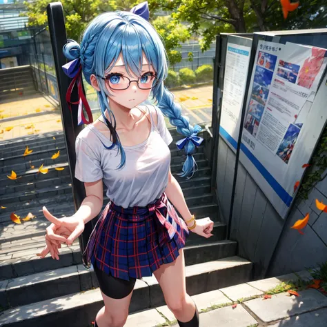 blue hair、Red-blonde、blue eyes、Braid、one good looking girl、solo、anime、Plaid miniskirt、camisole、black t-shirt、Tilting your face、Doing the ribbon、Ribbon at waist、sunset sky、stone stairs、petal、tunnel、Fallen leaves、wearing glasses、、Trying to get on the train、B...