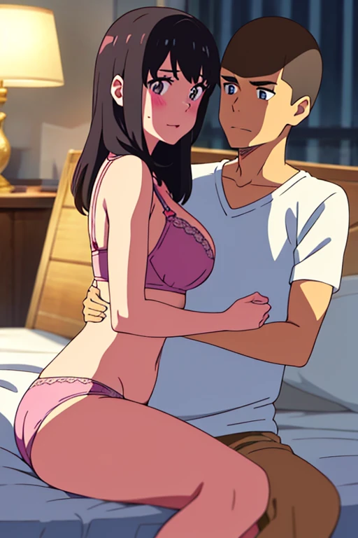 masterpiece:1.6, best quality), finely detailed beautiful eyes: 1.2), colorful, shinkai makoto, kimi no na wa., 1boy, buzzcut, muscular, brown eyes, , boy caressing girls body, breast groping, breast grope, hold breast,1girl, bangs, black hair, waterfall b...