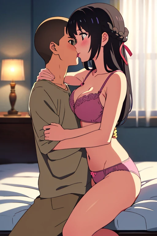 masterpiece:1.6, best quality), finely detailed beautiful eyes: 1.2), colorful, shinkai makoto, kimi no na wa., 1boy, buzzcut, muscular, brown eyes, , boy caressing girls body, breast groping, breast grope, hold breast,1girl, bangs, black hair, waterfall b...