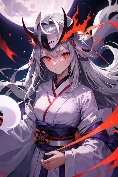 ghost woman, grey kimono, samurai demon helmet, purple clouds, long grey hair, red glowing eyes