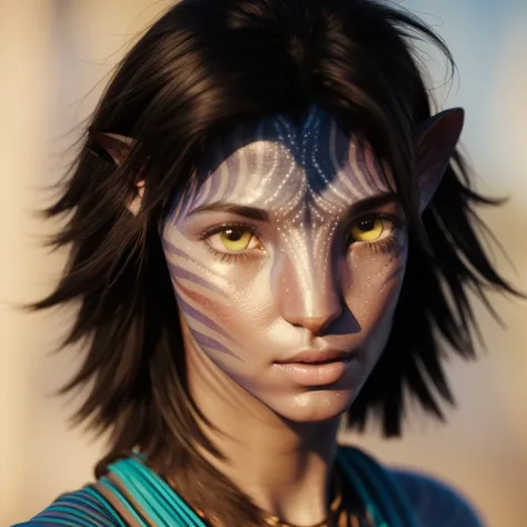 avtr:1.1, avatar style, portrait:1.6, 1girl, female, (blue skin tone:1.0), (short hair:1.0), dark brown hair color, 18 years old:1, face wrinkles, wearing tribal clothing, wearing a top, detailed eyes, toned body, muscled body, vibrant colors, glowing, eth...