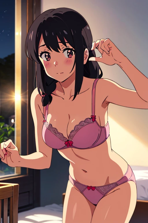 shinkai makoto, kimi no na wa., 1girl, bangs, black hair, brown eyes, waterfall braid, red ribbon, long hair, solo, blush, looking at the viewer, arms up, sexy pose, cute, bedroom, night, lamp, light off, light pink bra, breast, medium breast, light pink p...