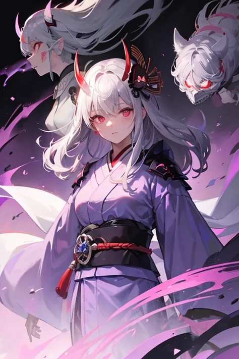 ghost woman, grey kimono, samurai demon helmet, purple clouds, long grey hair, red glowing eyes