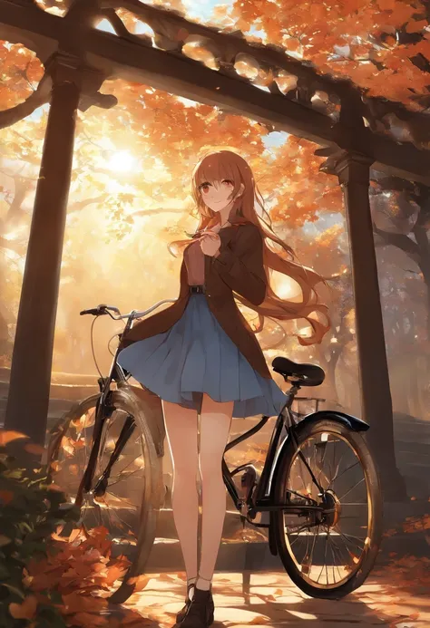 black brown hair、Red-blonde、blue eyes、Braid、one good looking girl、solo、anime、Plaid miniskirt、camisole、black t-shirt、Tilting your face、Doing the ribbon、Ribbon at waist、sunset sky、stone stairs、petal、tunnel、Fallen leaves、wearing glasses、、Riding a bicycle、Burn...