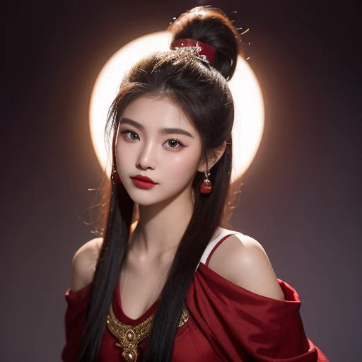 Eighteen-year-old young beautiful girl，Chivalrous style in ancient costume，double eyelids，red phoenix eye，Liu Yemei，oval face，little cherry mouth，，red lipstick，Hump nose，ponytail，White skin and beautiful appearance，Laugh，Seductive eyes，The figure is curvac...