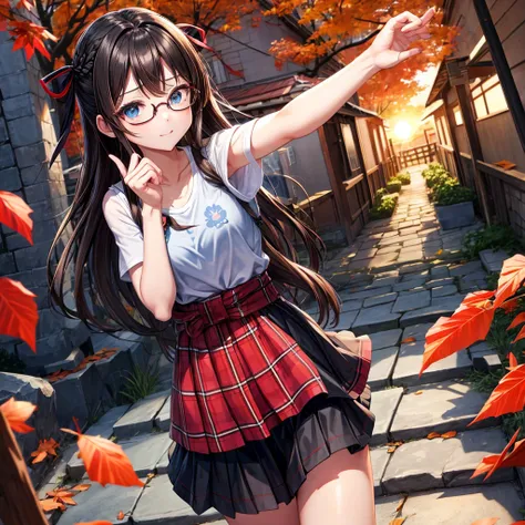 black brown hair、Red-blonde、blue eyes、Braid、one good looking girl、solo、anime、Plaid miniskirt、camisole、black t-shirt、Tilting your face、Doing the ribbon、Ribbon at waist、sunset sky、stone stairs、petal、tunnel、Fallen leaves、wearing glasses、、Riding a bicycle、Burn...