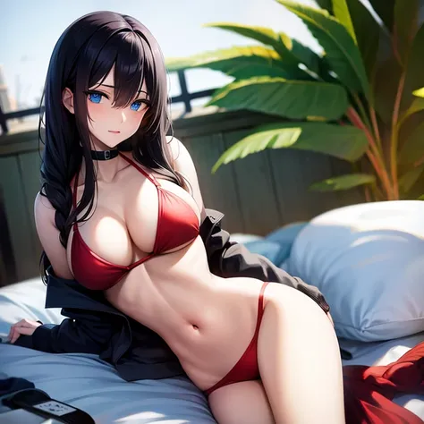 Black hair, blue eyes, large breast, sexy, beautiful body, (red bikini), bed