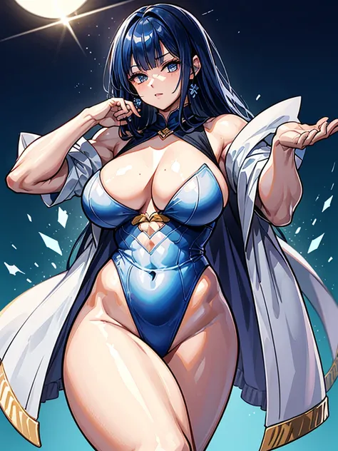 （（（masterpiece、Highest image quality、highest quality、highly detailed unity 8ｋwallpaper）））、（（Illustration of one girl））、（（（beautiful girl）））、blue hair、stocky build, thickset physique：1.3, muscular legs, broad shoulders, solid chest、（（（big breasts）））、white c...