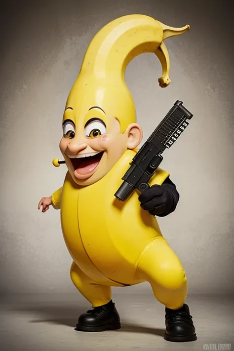 Cartoon Banana with Gun and with crazy expression