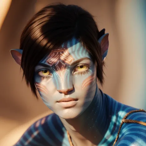 avtr:1.1, avatar style, portrait:1.6, 1girl, female, (blue skin tone:1.0), (short hair:1.0), dark brown hair color, 18 years old:1, face wrinkles, wearing tribal clothing, wearing a top, detailed eyes, toned body, muscled body, vibrant colors, glowing, eth...