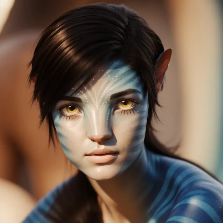 avtr:1.1, avatar style, portrait:1.6, 1girl, female, (blue skin tone:1.0), (short hair:1.0), dark brown hair color, 18 years old...