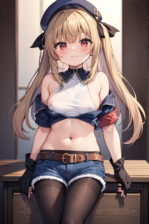 highest quality, extremely detailed, muste piece, 
(one girl:1.4), (small curvaceous loli(10 talents):1.3), [belly fat:1.4], [muscular:1.4], (smirk1.1), (show teeth), 
(brown pantyhose(pantyhose up to navel):1.6), (Deep-rise folded denim shorts:1.3), (new ...