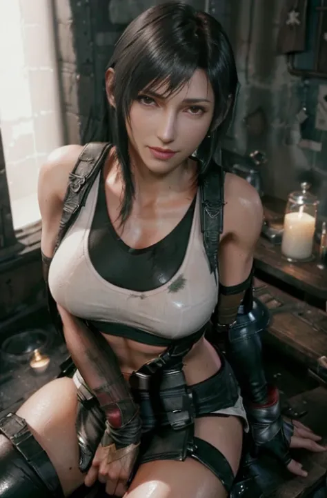 high quality, (high detail skin:1.4), photograph,  Complex, delicate、Full body Esbian、sexual, one girl, (( final fantasy 7r,tifa lockhart)), wet hair、wet face、Wet Wet Body,full nude、open your legs、long black hair、burst chest