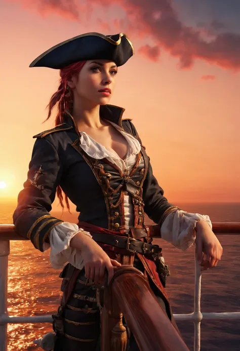 a fantasy female pirate captain Leaning on the ship railing, sunset sky reflected in calm sea, seagulls in the distance, (best quality, masterpiece, Representative work, official art, Professional, 8k)