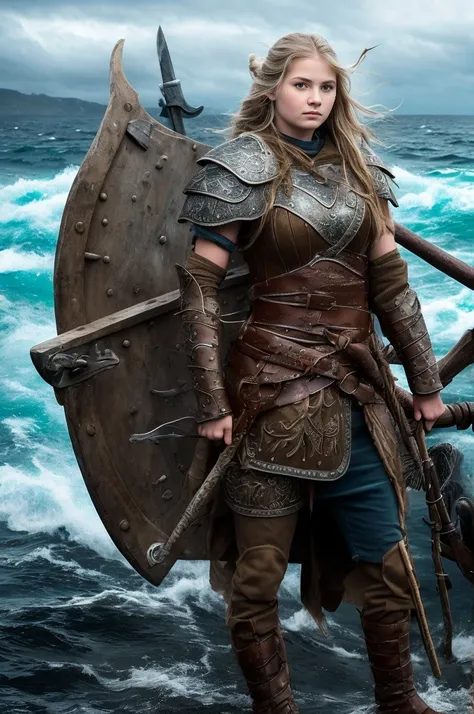 Chica vikinga, Vista feroz ,Hacha de batalla en mano derecha, 17 year old Russian girl, cabello rubio arrugado y despeinado, en la orilla del agua ,Against the backdrop of the cold sea and the longship., Vestido con armadura vikinga,Apariencia de combate,p...