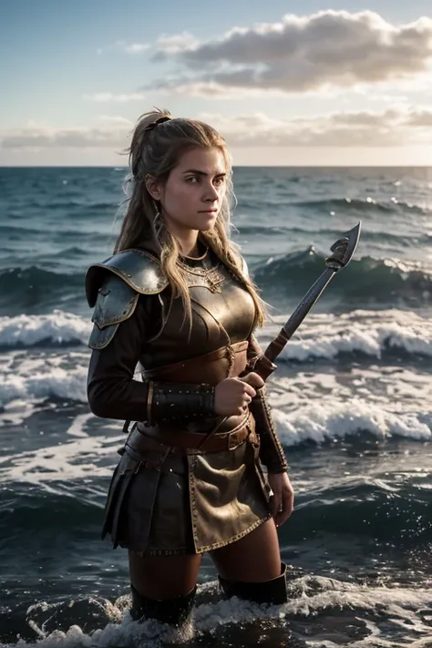 Chica vikinga, Vista feroz ,Hacha de batalla en mano derecha, 17 year old Russian girl, cabello rubio arrugado y despeinado, en la orilla del agua ,Against the backdrop of the cold sea and the longship., Vestido con armadura vikinga,Apariencia de combate,p...