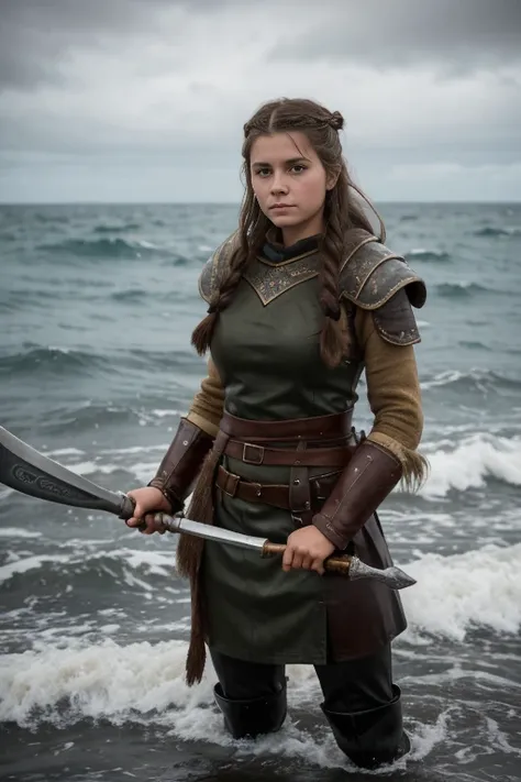 Chica vikinga, Vista feroz ,Hacha de batalla en mano derecha, 17 year old Russian girl, cabello rubio arrugado y despeinado, en la orilla del agua ,Against the backdrop of the cold sea and the longship., Vestido con armadura vikinga,Apariencia de combate,p...