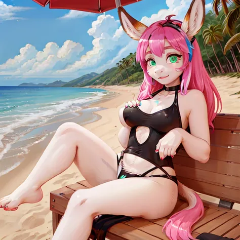 Donkey with white fur with long Pink hairs with Blue Highlights and glowing Green eyes wearing Black swimsuit looking at her hand while other hand  on her breast there are some traces of magic floating around her she is in a beach