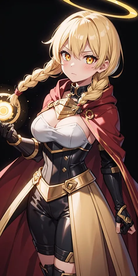 1girl, golden armor, black collar, pauldrons, breastplate, corset, glowing halo, single braid, blonde, yellow glowing eyes, bright pupils, eye focus, red cape, 