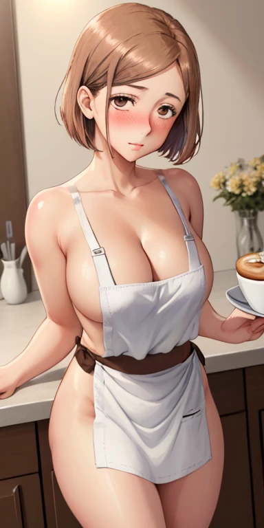 1girl, solo, brown hair, butterfly hair ornament, (naked:1.3), (white apron), large breasts, cleavage, thighs, cafe background, (blushing:1.3), brown eyes, , standing, realistic eyes, perfect shaped beautiful body, Kugisaki Nobara