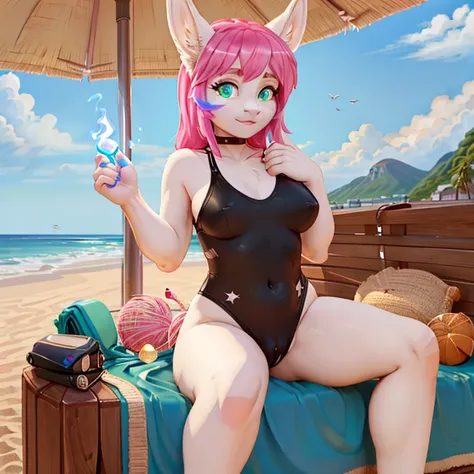 Donkey with white fur with long Pink hairs with Blue Highlights and glowing Green eyes wearing Black swimsuit looking at her hand while other hand  on her breast there are some traces of magic floating around her she is in a beach