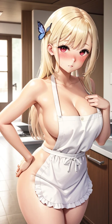 1girl, solo, blonde hair, butterfly hair ornament, (naked:1.3), (white apron), large breasts, cleavage, thighs, cafe background, (blushing:1.3), red eyes, standing, realistic eyes, perfect shaped beautiful body, Marin Kitagawa