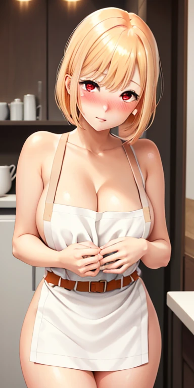 1girl, solo, blonde hair, Marin Kitagawa hairstyle, lower part orange hair, neck belt,  butterfly hair ornament, (naked:1.3), (white apron), large breasts, cleavage, thighs, cafe background, (blushing:1.3), red eyes, standing, realistic eyes, perfect shape...