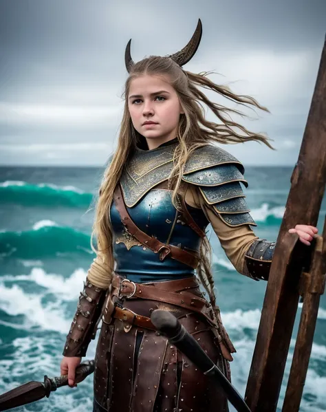 Chica vikinga, Vista feroz ,Hacha de batalla en mano derecha, 17 year old Russian girl, cabello rubio arrugado y despeinado, en la orilla del agua ,Against the backdrop of the cold sea and the longship., Vestido con armadura vikinga,Apariencia de combate,p...