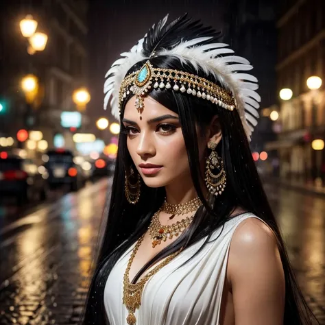 A woman with long black hair and an elaborate headdress adorned with jewels and feathers. She wears a white dress and many necklaces, one of which is a gold and diamond pendant. The image is set in the rain with street lights in the background.