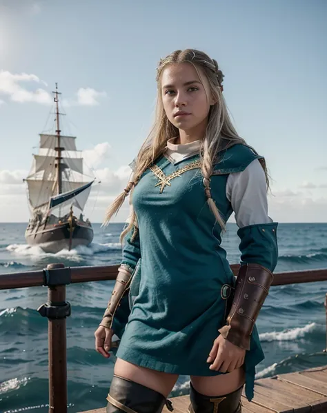 Chica vikinga, Vista feroz ,Hacha de batalla en mano derecha, 17 year old Russian girl, cabello rubio arrugado y despeinado, en la orilla del agua ,Against the backdrop of the cold sea and the longship., Vestido con armadura vikinga,Apariencia de combate,p...