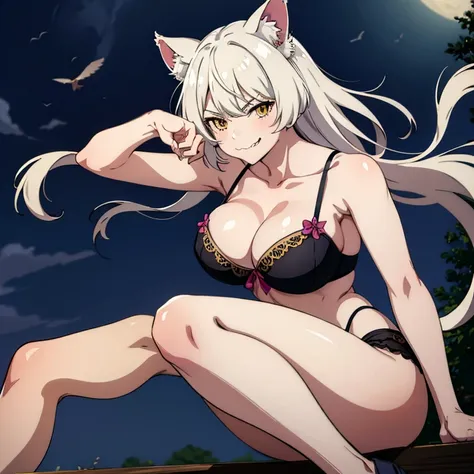 masterpiece, best quality, high resolution, 1 woman, solo, Hanekawa, big breasted, cleavage, cat ears, cat tail, black bra, black panties, attacking the viewer, throwing scratches, sexy smirk, combat scene, under the moonlight 