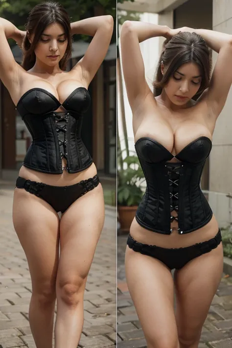 4 different images generating movement, sentada, piernas grandes, corset, falda