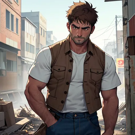 Cinematic Still of a Male Construction Worker in His 30s, wearing brown work pants and a faded denim vest, a pristine white shirt beneath, short hair tousled from hard labor. Best quality (1.2). In the moment of failure, he scratches his head with a worrie...