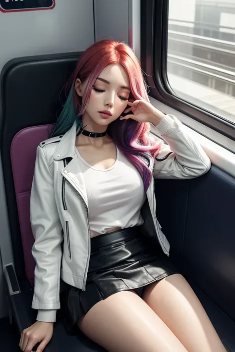 1 beautiful woman, lond hair,multicolored hair,dressed in sexy underwear 1piece, painted eyelids, white shirt, leather jacket, closed eyes, long eyelashes, made-up face, sleeping with her mouth open, sleeping sitting on the train seats, full body,skirt