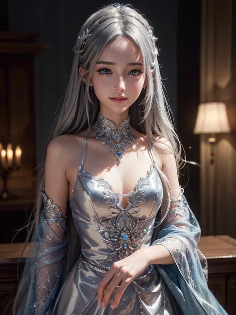 intricate detail, masterpiece, best quality, extremely detailed,cinematic lighting, beautiful detailed glow, finely detailed beautiful face and eyes, smile , long smooth shiny silver hair, Realistic lighting, pretty face , Body perfect anatomy,Top Quality,...