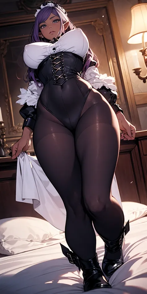 leather collar, Maid outfit victorian, female full body, view from below, wide hips, kneel on the sheet in bed. purple skin, drow elf
