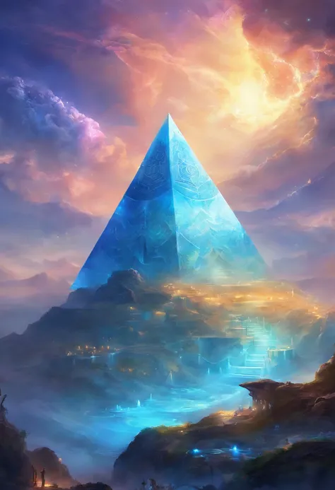 piramide cristalina tons de azul, ambientada na galaxia com tons de azul e dourado ,fundo ceu azul 