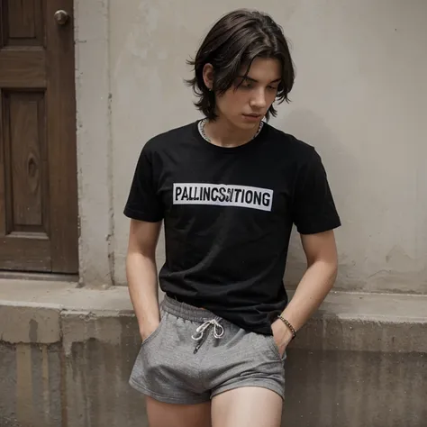 photo, 15 year old guy, black shaggy hair, gray t-shirt, black shorts, bracelet, Blue eyes