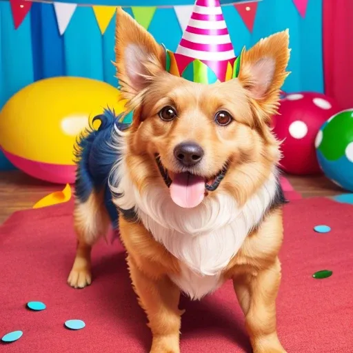 Baby yorkshire Terrier, collie or border collie with tongue out mouth open, Golden Retriever,  dog with its front paws on the table in front of an incredible birthday cake he has a birthday hat on his head the wall in the background has lots of birthday de...