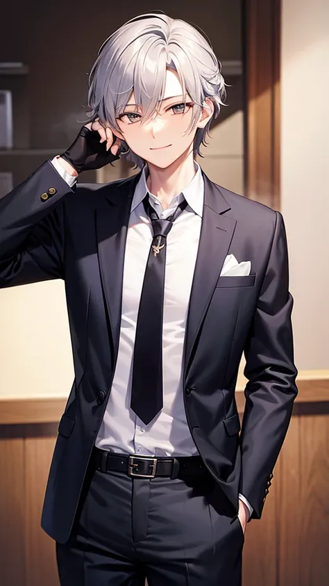 man business suit gray hair detective smile whole body male gentle