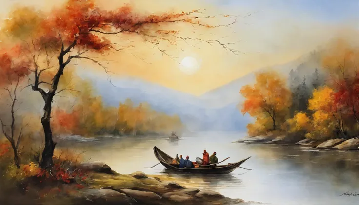 Landscape painting，ink and watercolor painting，water ink，ink，Smudge，Faraway view，Ultra-wide viewing angle，Meticulous，Light boat in the distance，Faraway view，Meticulous，the trees，Smudge，low-saturation，Low contrast，The light boat has crossed the Ten Thousand...