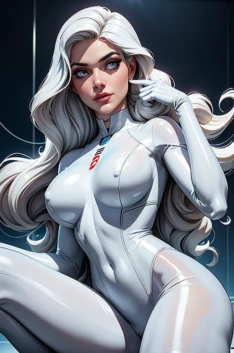 (best quality,8k:1.2,high resolution:1.2),ultra-detalhado,Realistic,retro science fiction female superhero,very long curly hair,rosto extremamente detalhados,long eyelashes,all sheer white Collant de nylon Apertado,all white pantyhose,white latex gloves, w...