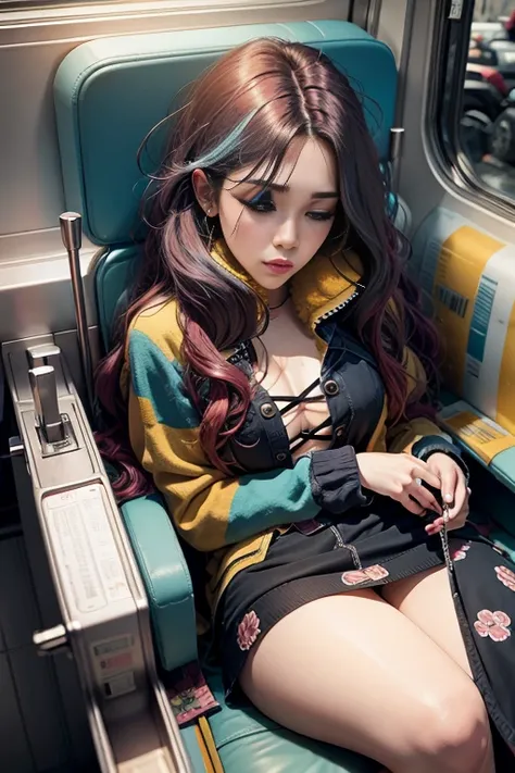 1 beautiful woman, lond hair,multicolored hair,dressed in sexy underwear , painted eyelids,  closed eyes, long eyelashes, made-up face, sleeping with her mouth open, sleeping sitting on the train seats, full body,